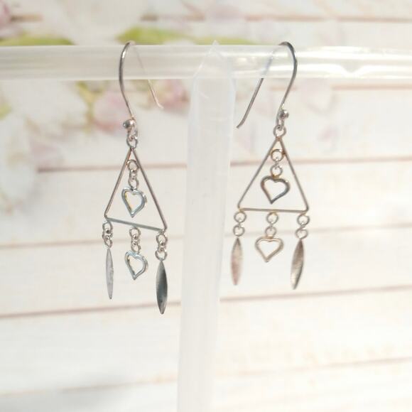 14k rose gold Sterling Silver 925 Dangle Drop Earrings Hearts Love Triangle Hook - Picture 1 of 8